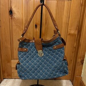 Denim and Faux Leather Diamond Stitched Hobo Style Bag